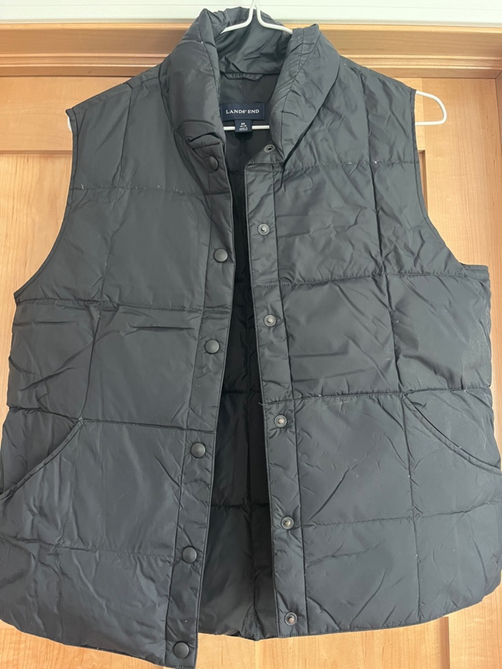 Lands' End Black Quilted Puffer Vest with Snap Front